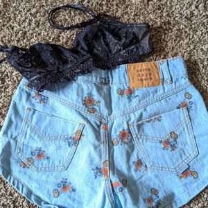 Floral print jean shorts